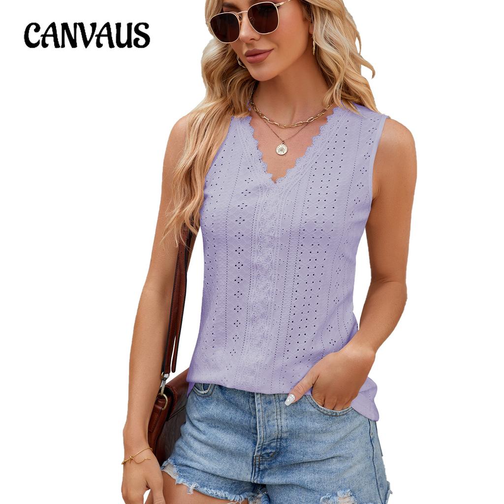 Spring and Summer V-Neck Lace Splicing Loose Sleeveless Vest Top for Women