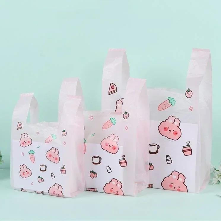 Handheld Plastic Bag Pink Cartoon Rabbit Pattern Shopping Mall Shopping Packing Bag Food Dessert Biscuit Packing Handle Bags