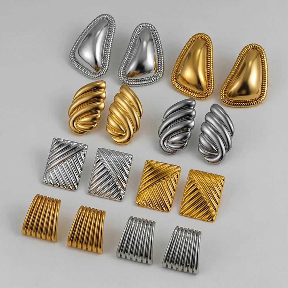 Vintage Stainless Steel Trapezoid Square Wing Geometric Stud Earrings for Women Gold Plated Striped Pleated Texture Jewelry