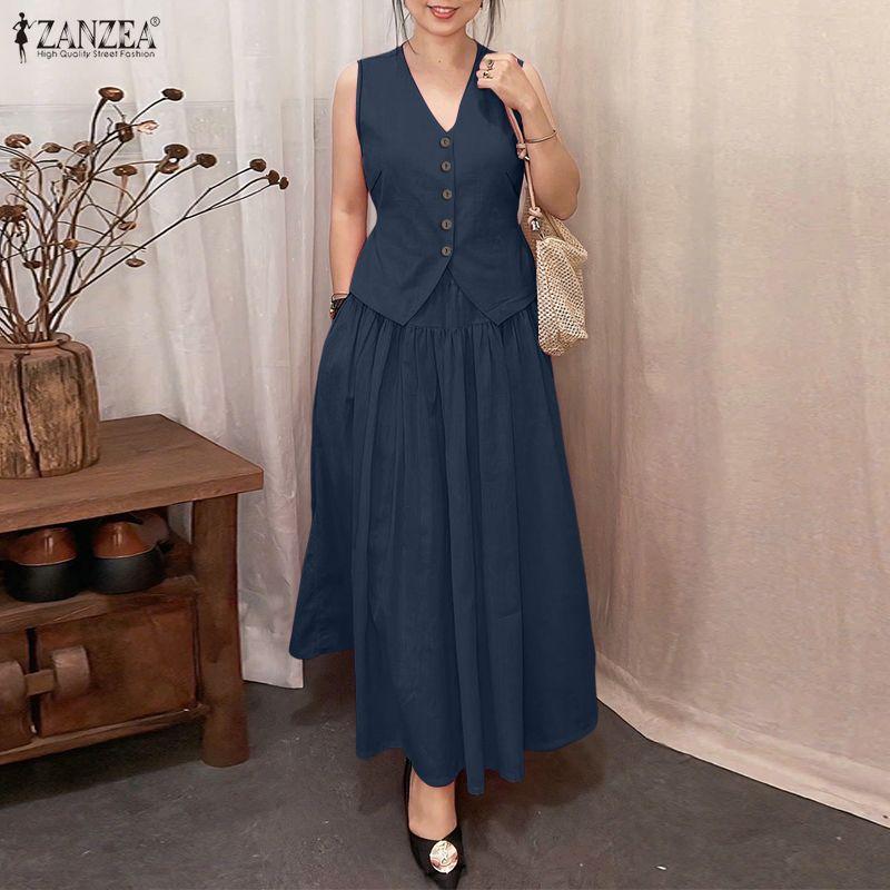 ZANZEA Women Sleeveless Vest Tops and Long Skirts Summer Two Piece Suit Sets