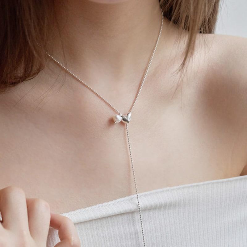 

OVT-U [925 Silver] Heart & Pearl Drop Chain Necklace Silver