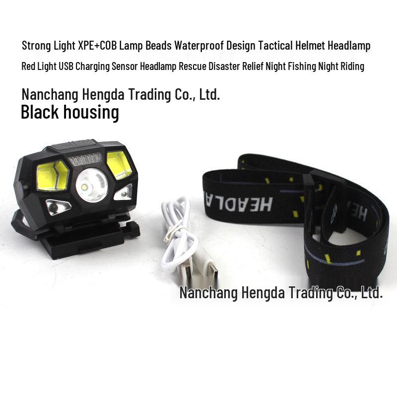 Multi-Mode Waterproof Helmet Headlight with XPE+COB LED, Wave Induction, and USB Rechargeable.