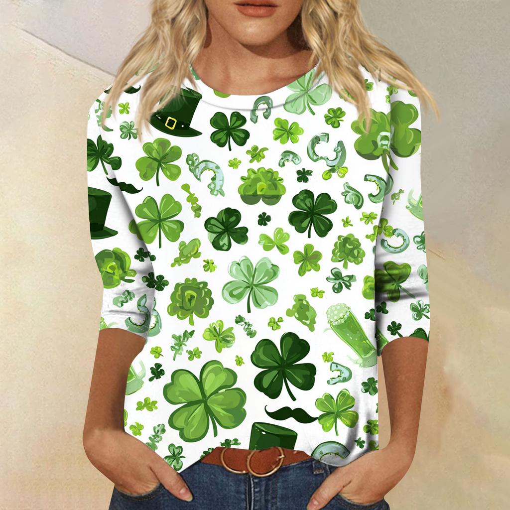 Damen Modisches Lässiges Dreiviertelarm Bedrucktes Rundhals-Top