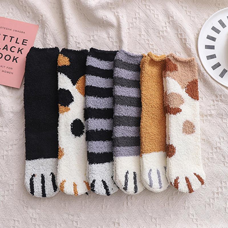 Women Winter Warm Fluffy Socks Home Floor Sleep Cute Cat Paw Socks Thickened Coral Fleece Fuzzy Socks Hosiery Fluffy Funny Socks