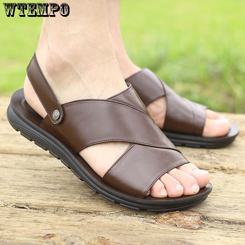 

Кожаные сандалии, модная мужская повседневная обувь с застежкой на носок, пляжные шлепанцы на плоской подошве, нескользящие пляжные тапочки 43 коричневый