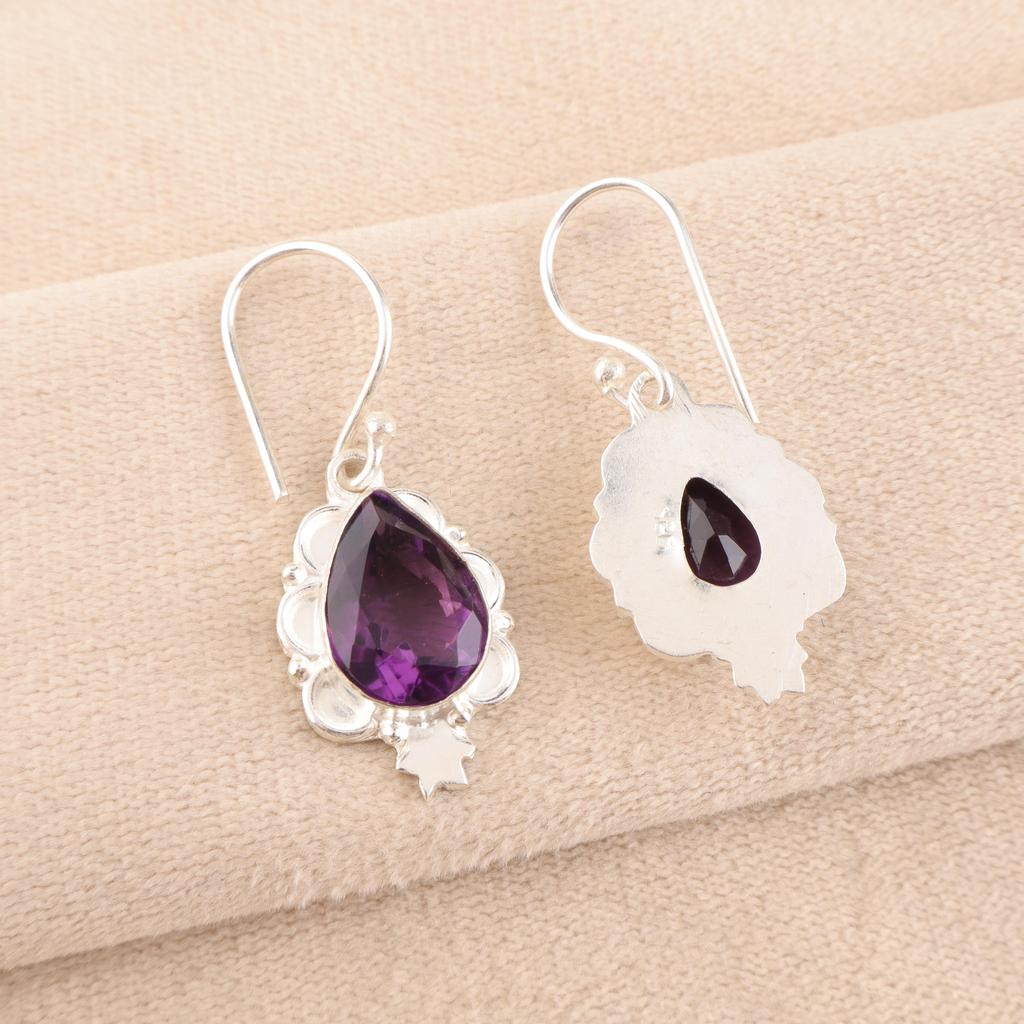 Amethyst Edelstein Schmuck, Handgefertigte Silber Ohrringe, Wunderschöne 925 Massiv Sterling Silber Ohrringe, Zartes Geschenk für Frauen