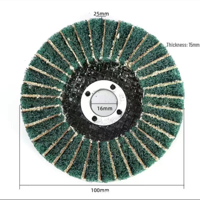 Ruiyan 4" Vertical Angle Flap Wheel: Abrasive Polishing & Wire Drawing Tool with Scouring Pad.