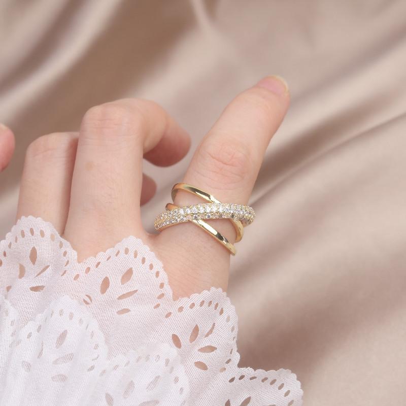 Korea Design Fashion Jewelry 14K Real Gold Electroplating Zircon Geometry Ring Elegant Women's Daily Work Open Ring