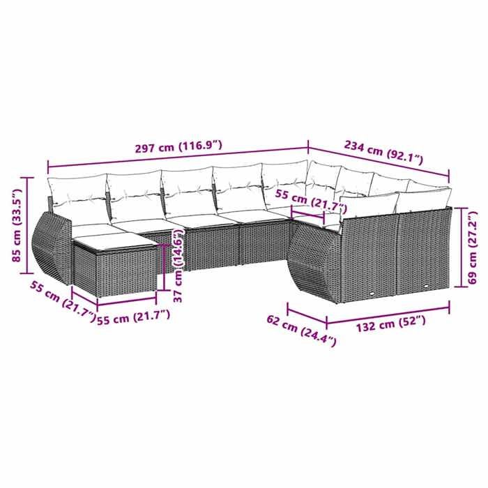 VidaXL Garden Lounge Set with Cushions 10 Pcs, Sofas with Backrest, Furniture Set, Patio Terrace Furniture, Grey 3221861