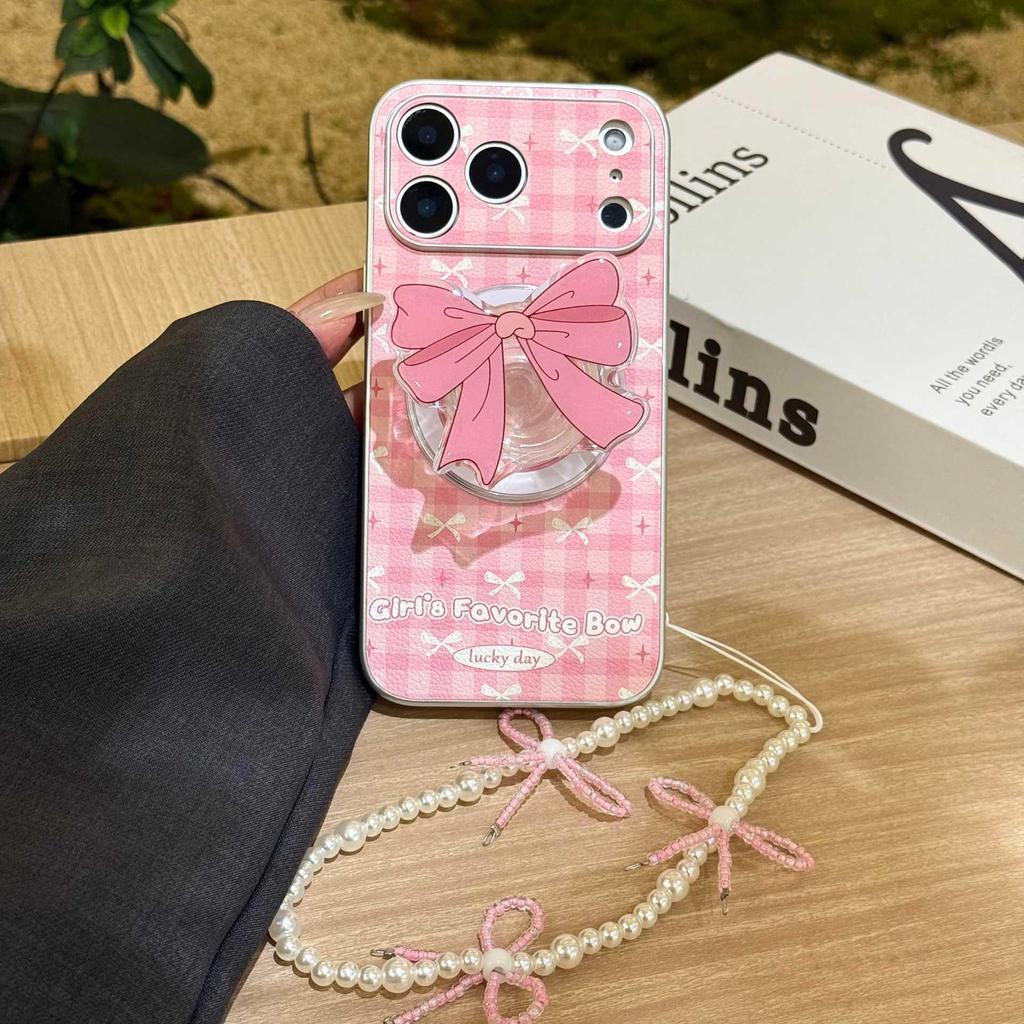 Pink Plaid Bow Magnetic Stand iPhone Case for Models 14, 15 Pro Max, 16, and Apple 17