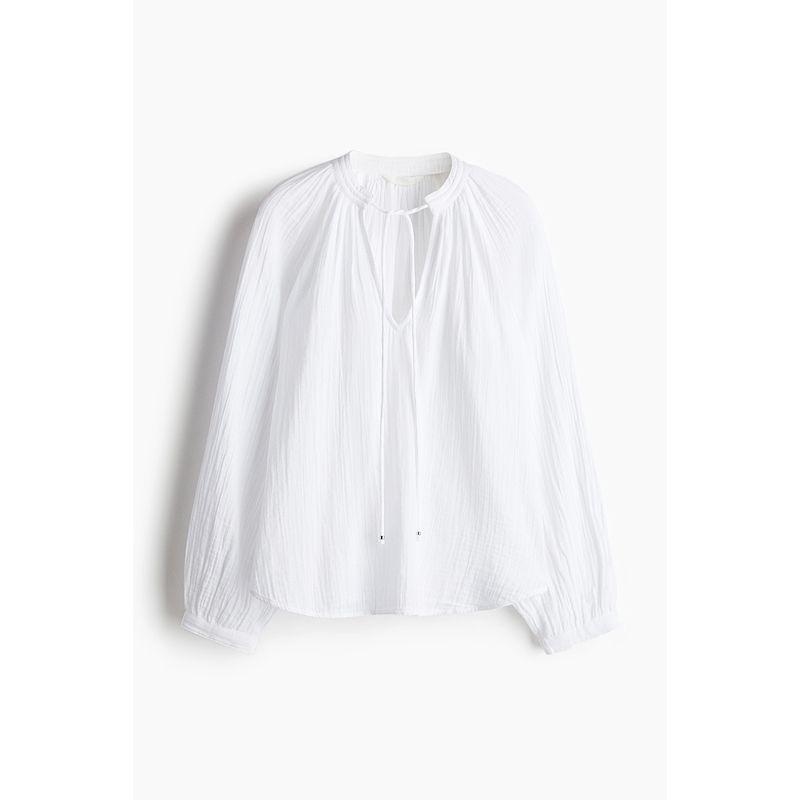 

HM Women clothes Shirts 2025 Summer New Chinese Collar Lantern Sleeve Cotton Fine Cloth Loose Long sleeve Top 1275176 White 150/76