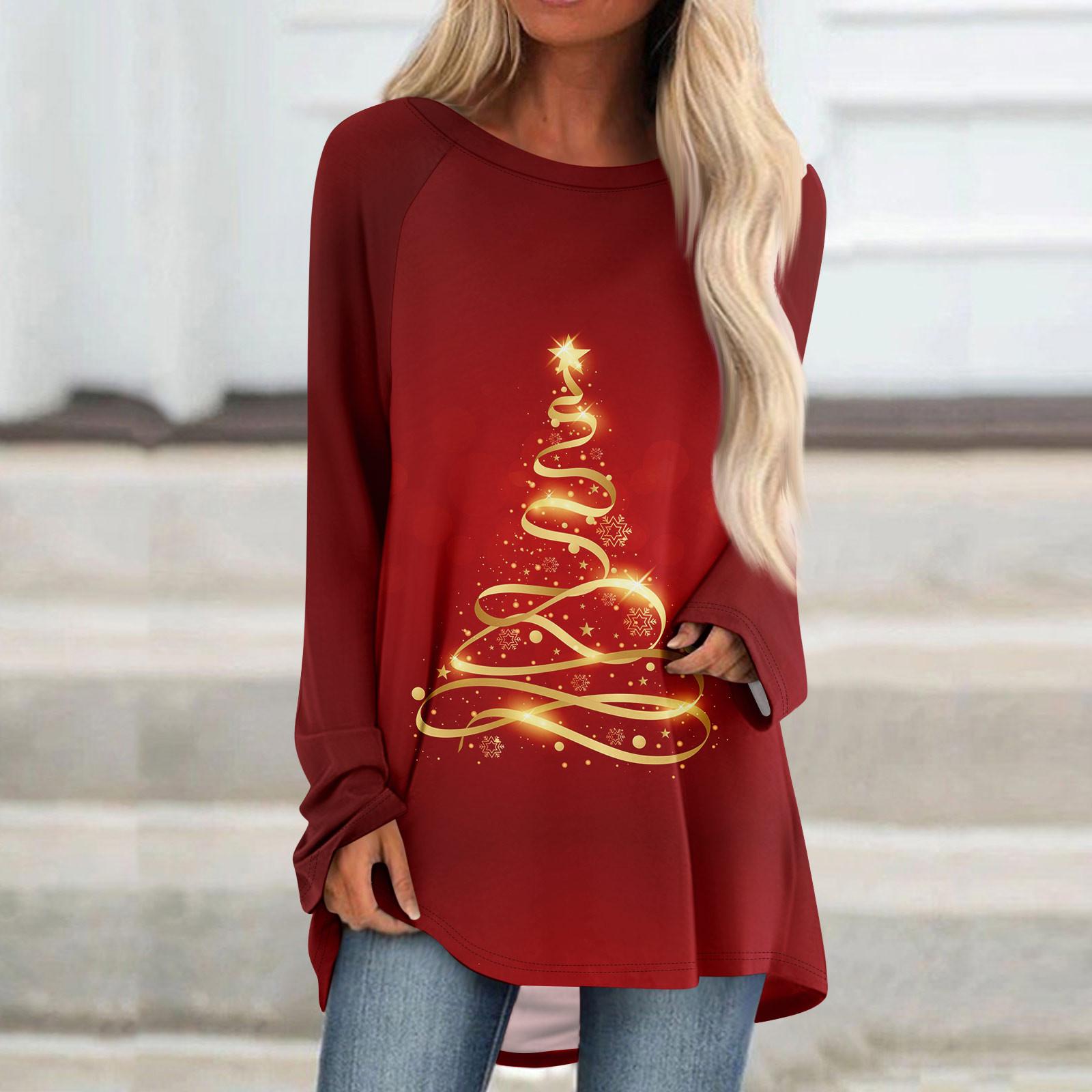 

Женский модный свободный свитер средней длины с круглым вырезом и рождественским принтом, рукава реглан, повседневный топ с длинными рукавами XL винный