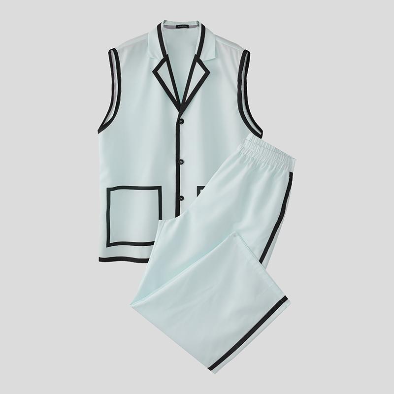 INCERUN 2PCS Men Sets Sleeveless Waistcoat and Long Straight Stitching Pants Outfits