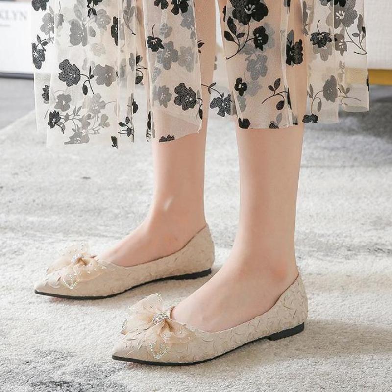 Fashion Rhinestone With Bow Pointed Toe Shoes for Women Spring and Autumn Slip-on Woman Flats Cheap Promotion Trend Elegant Dress Shoe