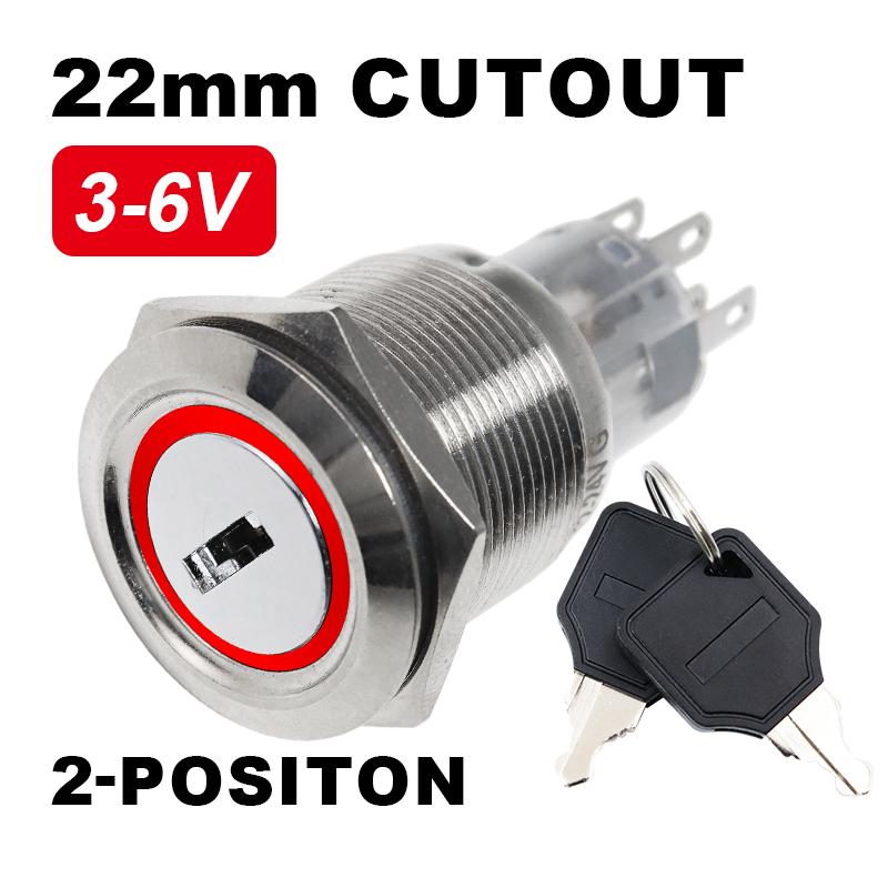 22mm Metal Rotary Key Selector Switch 2/3-Position Waterproof Self-locking Latching Knob Switch with LED Light 1NO1NC 2NO2NC