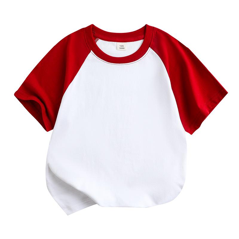 Summer Cotton Raglan Color Block Kids' Round Neck T-Shirt - Solid Color, Sweat-Absorbing, Short Sleeve Uniform