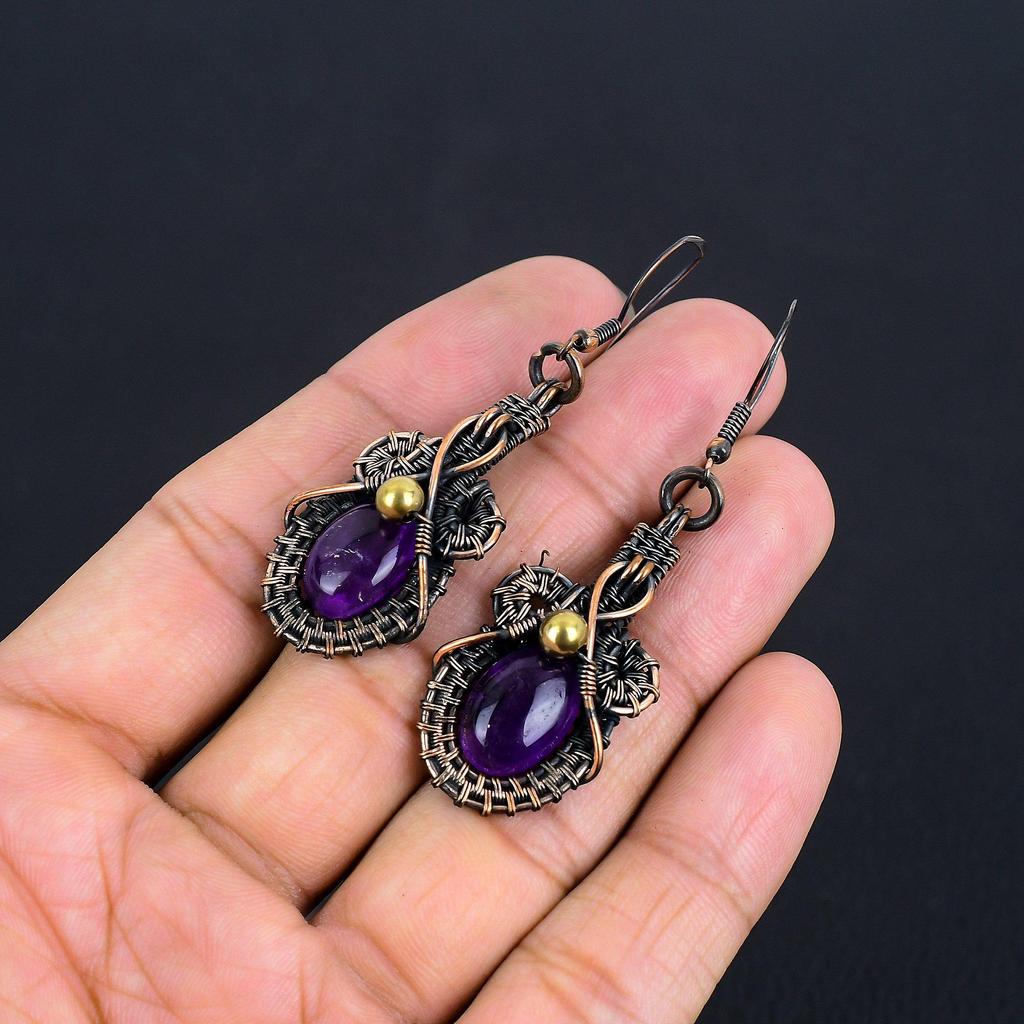 Amethyst Earrings Gemstone Jewelry, 999 Copper Wire Wrapped Earrings, Gift For Women Handmade Earrings