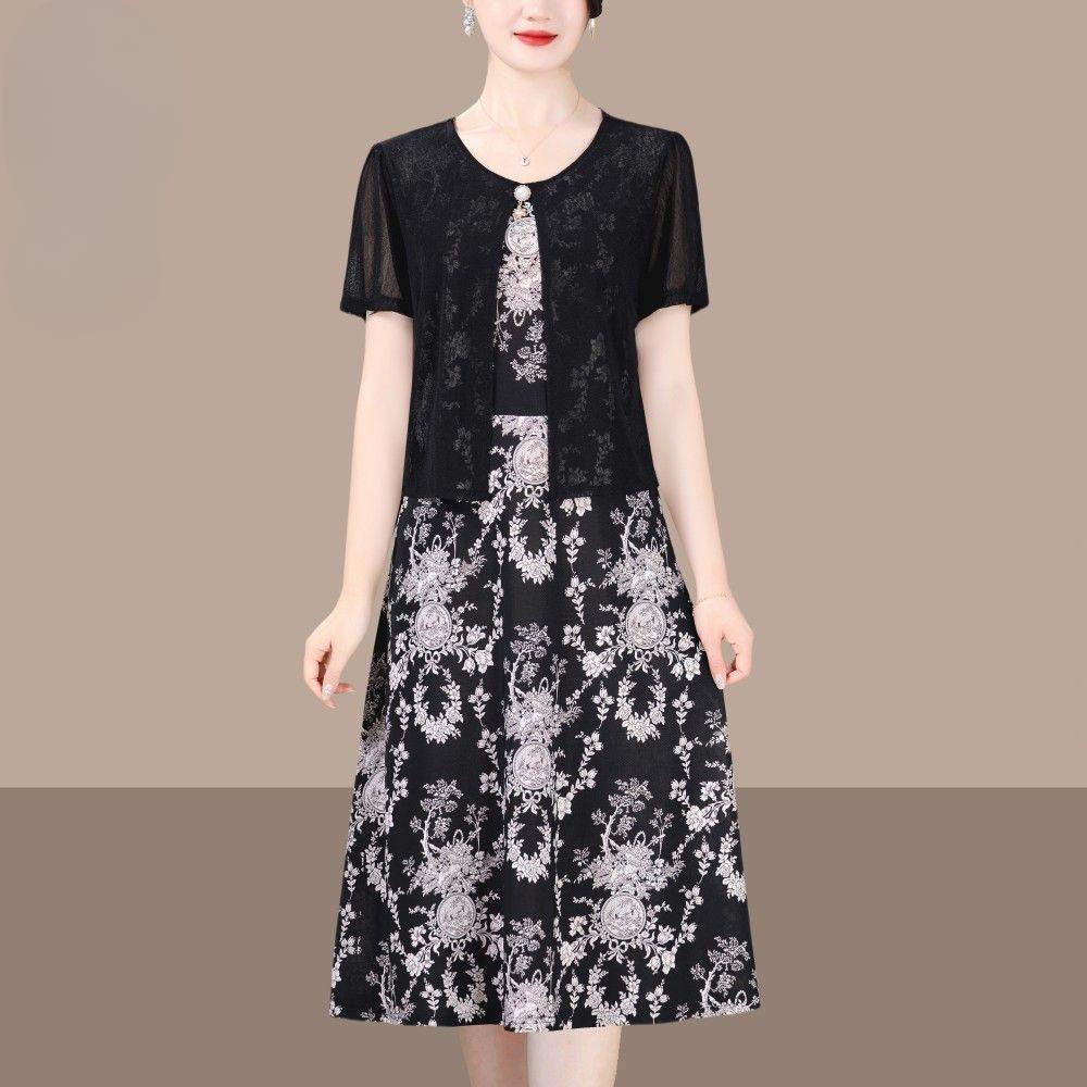Chic Summer Fake Two Piece Dress for Moms Elegant Slimming and Youthful Mid Age Women Fashion Clothing