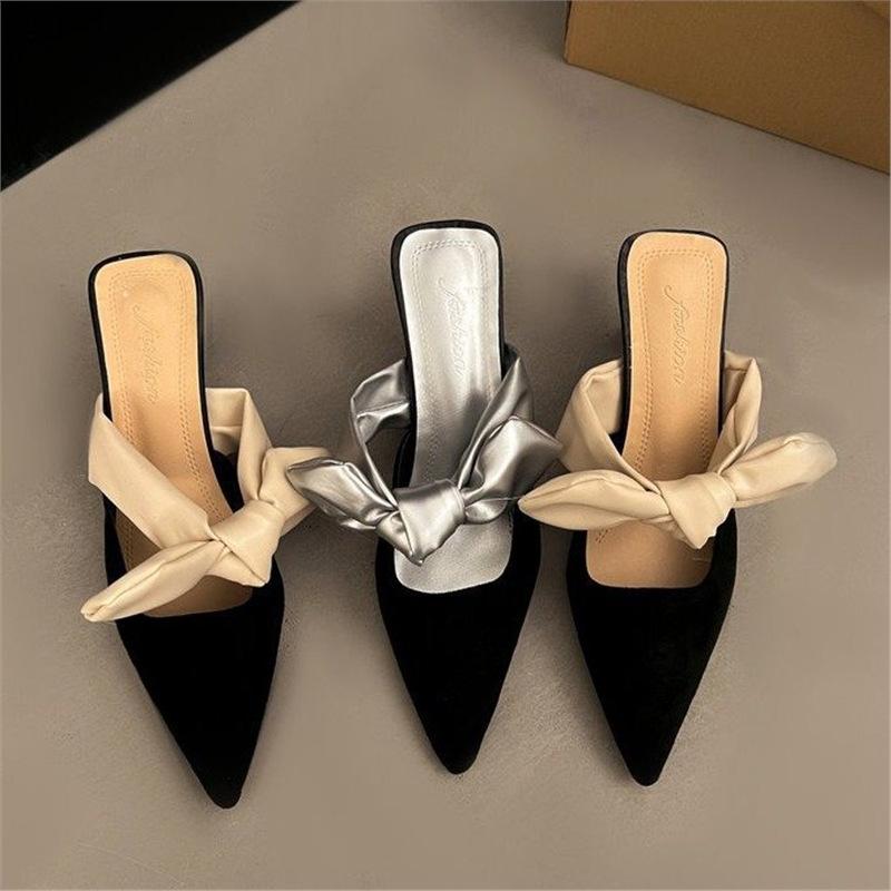 2024 Summer New Korean Version Bow Bag Head High Heel Half Drag Thin Heel Cool Slippers Foreign Trade Women's Shoes Silver Microfiber