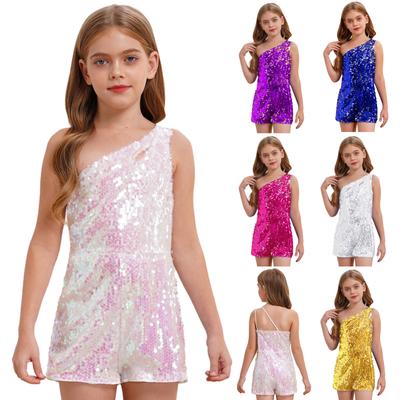 Kids Girls Shiny Sequin Bodysuit Unitard Fashion Short Rompers for Birthday Party Prom Performance Jazz Cha-Cha Dance Jumpsuit