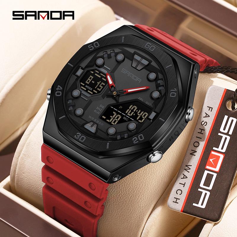 Sanda Men's Trendy Dual Display Casual Watch - Waterproof, Luminous, Octagonal Design with Countdown & Snooze Functions.