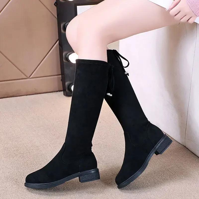 Fashion Large Size Warm Ladies Knee High Shaft Shoes Elegant With Low Heels Elastic Women's Long Boots Demi-season Winter 2024 Novelty