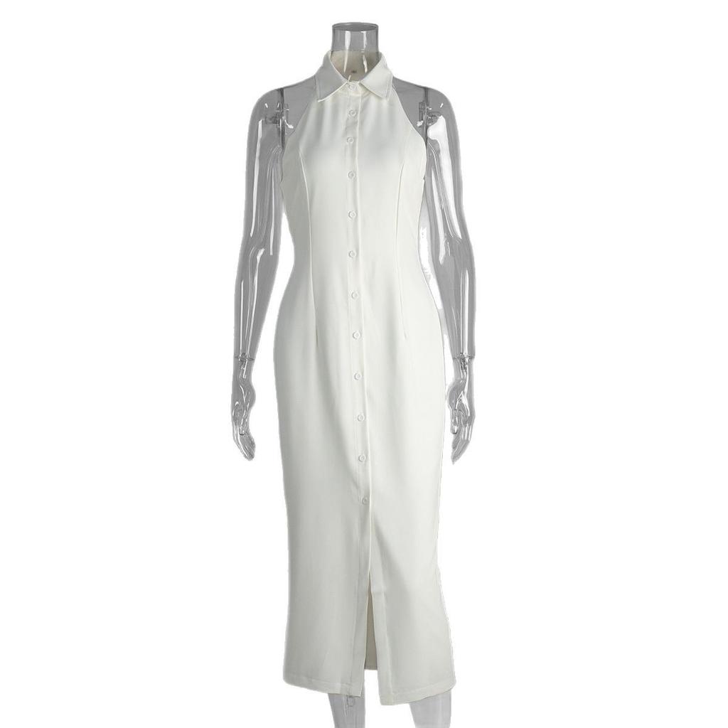 Summer New Women's Minimalist Slit Maxi Dress, Fashion Lapel Sleeveless Dress for Women European American Style