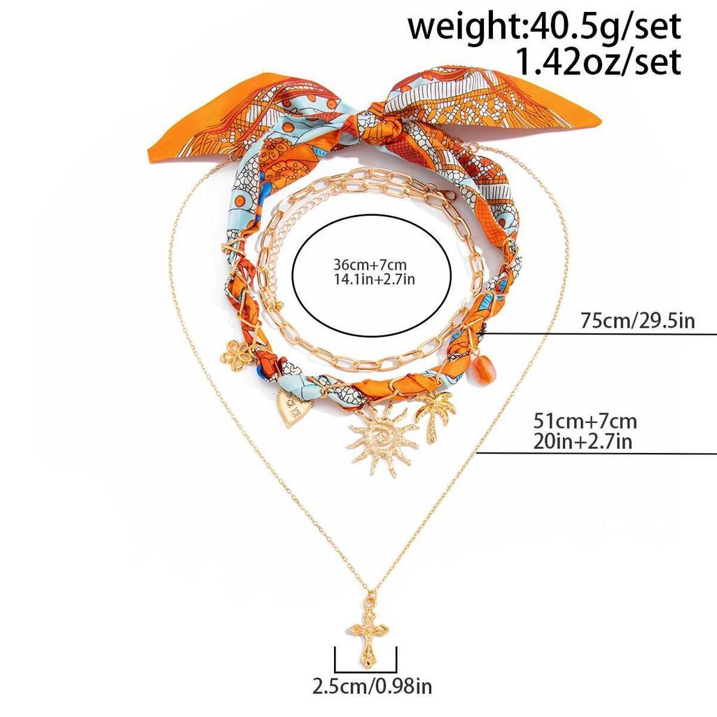 IngeSight.Z 3Pcs/Set Boho Scarf Ribbon Choker Necklace Trend Cross Sun Flower Starfish Conch Coconut Tree Pendant Neck Jewelry