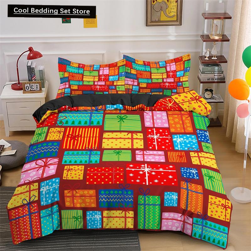 Frohe Weihnachten King Queen Bettwäsche Set Weihnachtsmann Schneemann Bettdeckenbezug Weihnachtsbaum Bettbezug Rot Polyester Steppdeckenbezug
