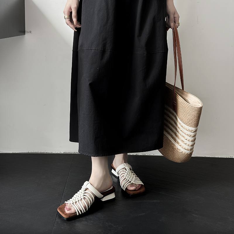 Krazing Pot Straw Weaving Summer Size 40 High Quality Slip on French Chic Thick Heels Women Peep Toe Sandals