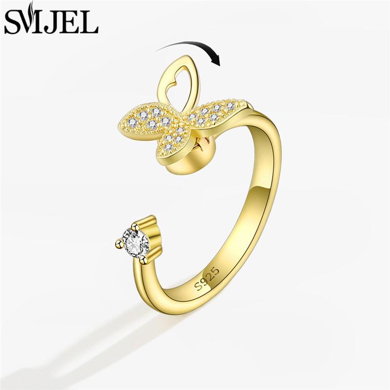 SMJEL Fidget Spinner Ring Anxiety for Women Crystal Demon Eyes Anti Stress Rings Flower Planet Sun Rotating Jewelry Wedding Gift