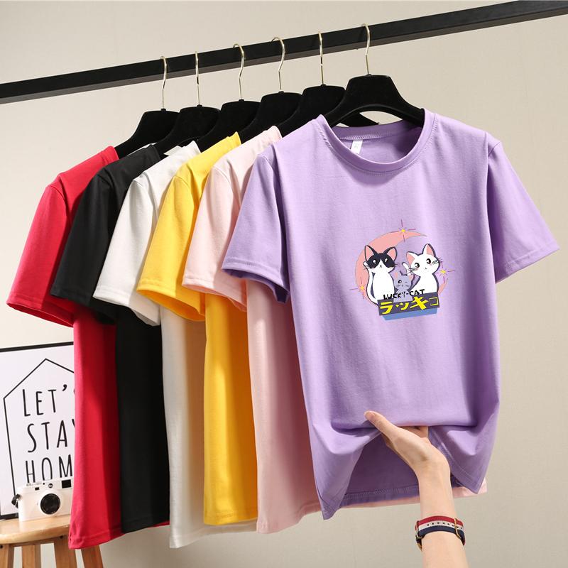 Harajuku Cute Cartoon Cat Print Short Sleeve T-shirts Women Summer Casual Loose Student T Shirt Young Girl Y2k Tops