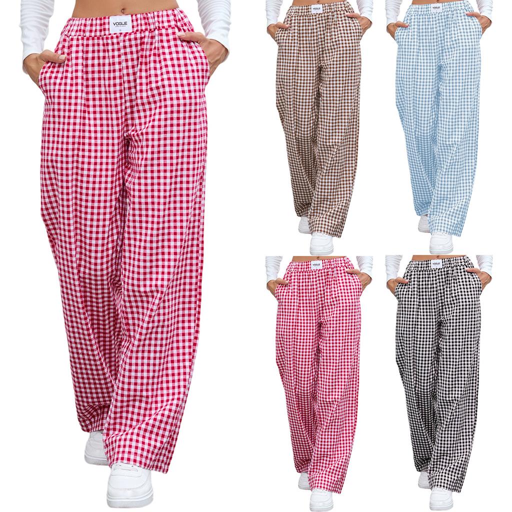 European and American Women's Pure Cotton Plaid Casual Boxer Pants Loose Pocket Trousers