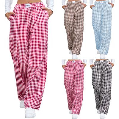 Women's Cotton Plaid Wide Leg Pants High Waist Elastic Waistband Loose Fit Trousers