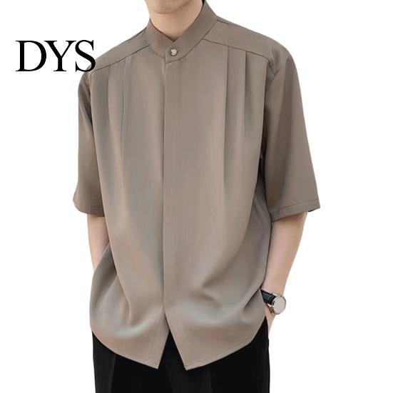 Formal Men Shirt Summer Stand Collar Ice Silk Solid Color Pleated Loose Fit Everyday Top Cardigan Half Sleeves Mid Length Casual Business Mature