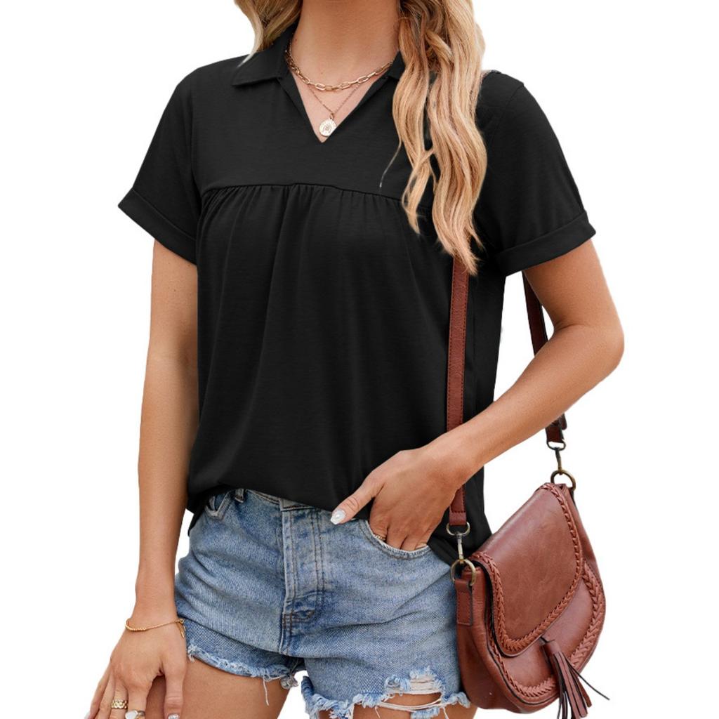 Summer Women's Solid Color Pleated Loose Short-sleeve Polo T-shirt Top, Cross-border European American Casual Apparel In Stock