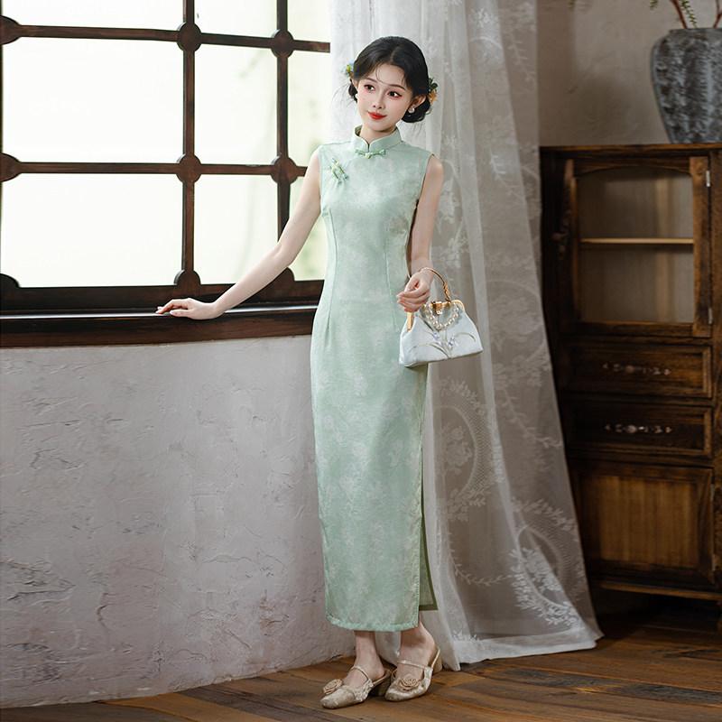 Green sleeveless national style new Chinese daily Suzhou long cheongsam improved young 1011 new women's high sense