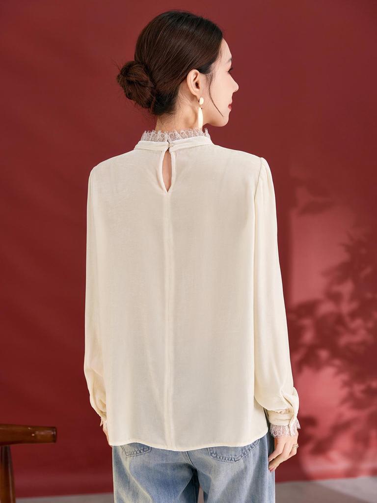 Damen Seiden Samt Plissee Spitze Pullover mit Stehkragen - Herbst Französischer Stil