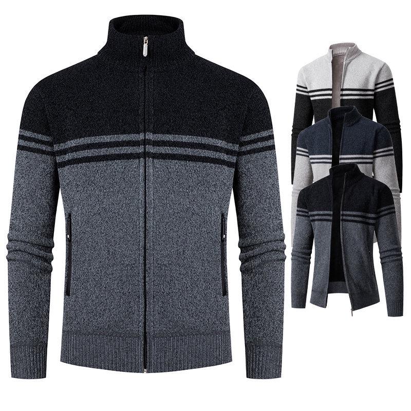 

Men s Color Block Stand Collar Knitted Cardigan - Autumn/Winter Plus Velvet Long-Sleeve Sweater XXL
