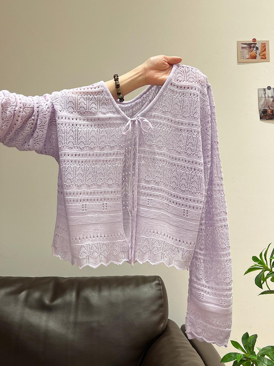 

Versatile hook-up hollow long-sleeved knitted cardigan women s summer new sunscreen blouse shawl short One size fits all фіолетовий
