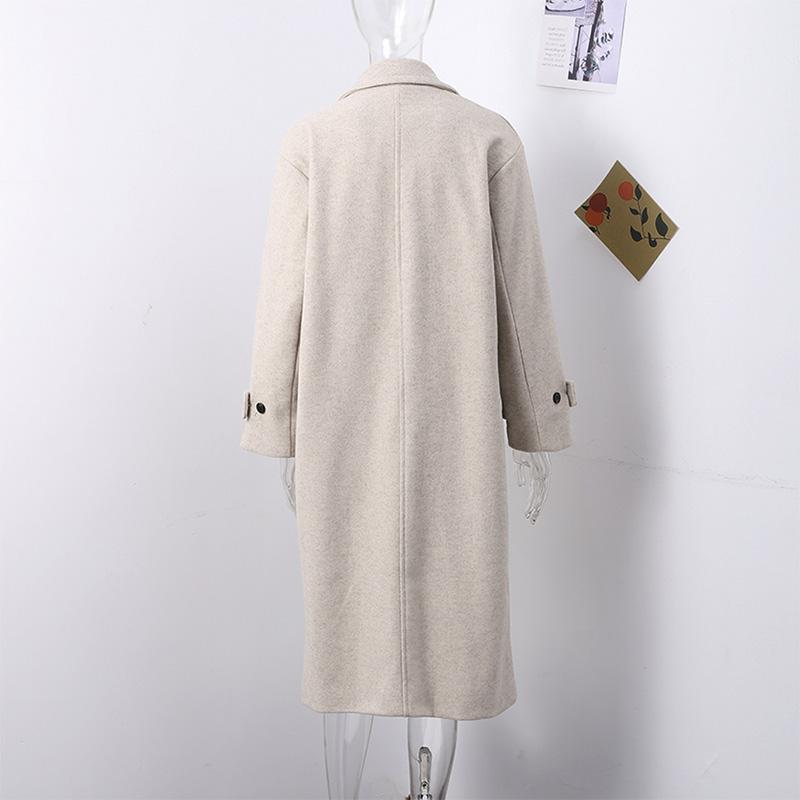 Women Fashion Wool Blend Warm Long Coat Autumn Winter Loose Pocket Double-breasted Jacket Elegant Lapel Overcoat