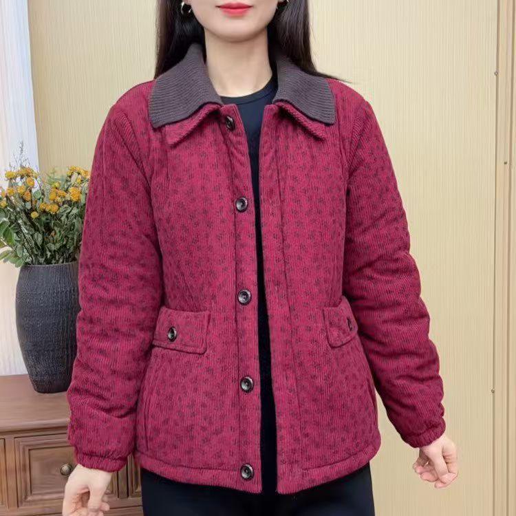 Winter 2025 Lässige warme Baumwolljacke mit Samt-Verstärkung für stilvolle Frauen mittleren Alters - Vielseitiges, lockeres und verdicktes Design