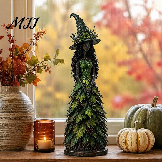 Halloween Witch Figurine Autumn Figurine, Fall Tabletop Statue with Leaf Resin Sculpture Table Ornament Gown, Seasonal Decoration for Mantel
