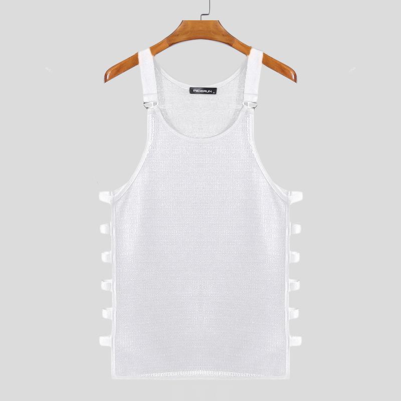 

INCERUN Summer Men Strap Sleeveless Cutout Bandage Semi-Sheer Fitted Texture Tank Tops 3XL чорний
