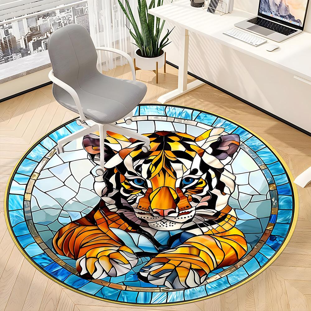 1 Stück Tiger Buntglas Büro Runder Teppich, Indoor-Matte Geeignet Für Büro, Unter Bürostühlen Schlafzimmer Wohnzimmer Heimdekoration, Raumdeko