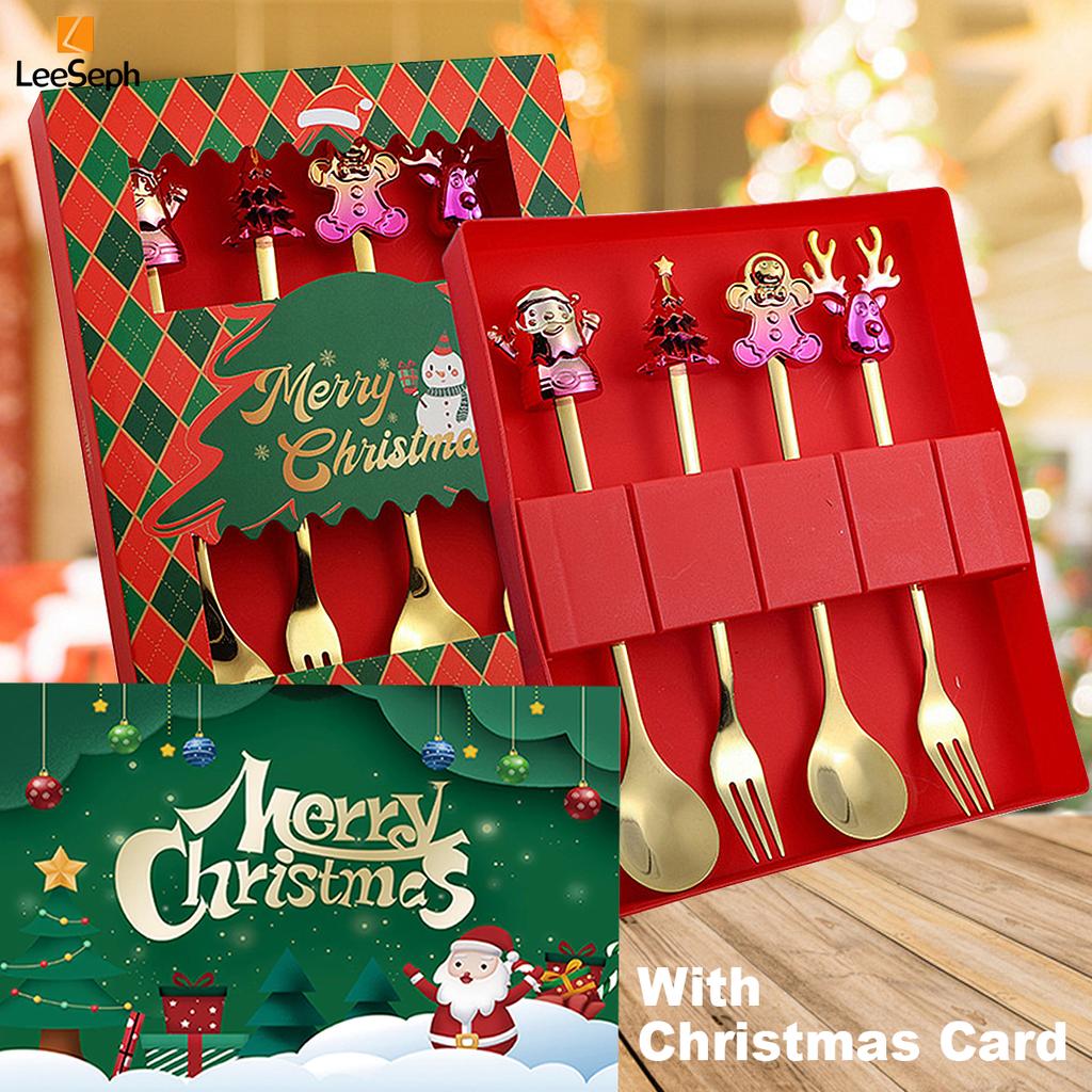 Set Regalo Cucchiaini da Caffè Forchette di Natale in Scatola con 1 Biglietto di Natale, Cucchiaino da Caffè Natalizio Forchette da Cena Cucchiaino da Dessert Stoviglie Regalo
