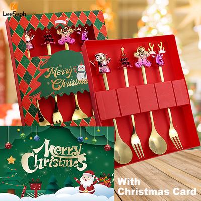 Set Regalo Cucchiaini da Caffè Forchette di Natale in Scatola con 1 Biglietto di Natale, Cucchiaino da Caffè Natalizio Forchette da Cena Cucchiaino da Dessert Stoviglie Regalo