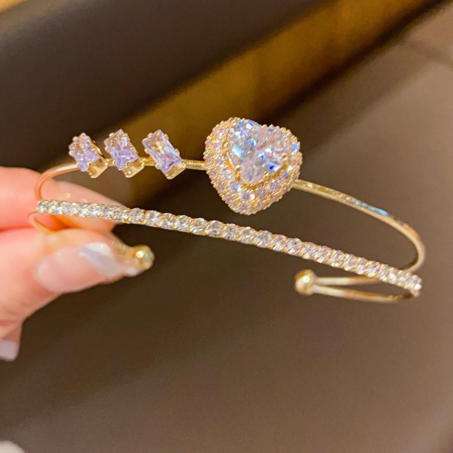 Copper Zircon Heart Design Open Cuff Bracelet For Elegant Office Accessories GoldBracelet