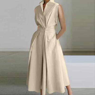 Women Dress Lapel Button A-line Big Swing Tight High Waist Sleeveless Pockets Formal Commute Style Solid Color Lady Midi Dress
