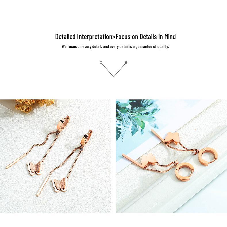 New Korean Tassel Butterfly Titanium Steel Stud Earrings for Women